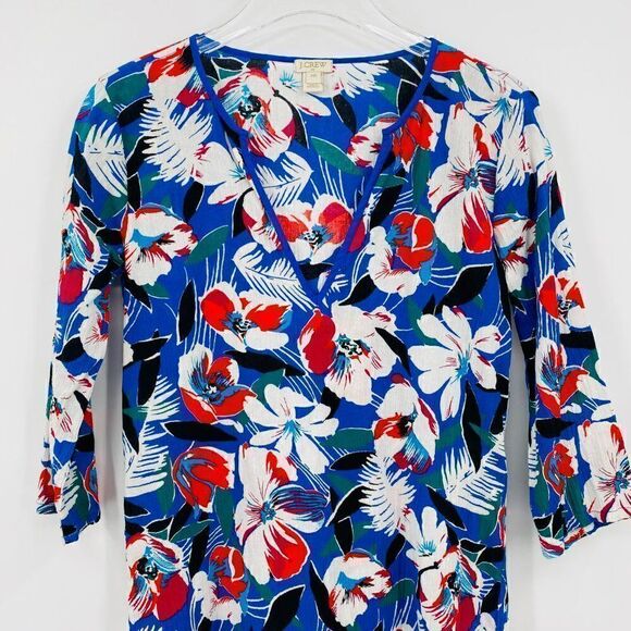 J. Crew Size XXS Blue & Red Floral 3/4 Sleeve V Neck Tissue Tunic Top Coverup - Picture 2 of 6
